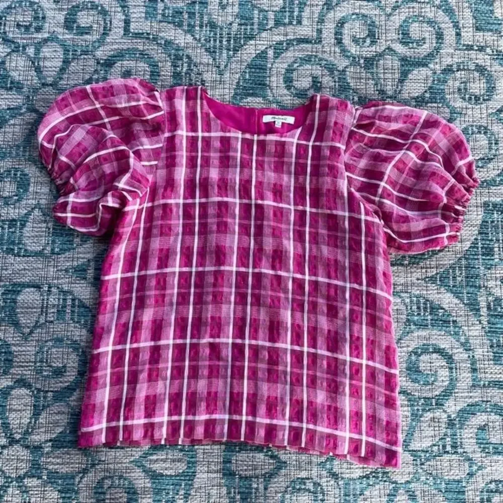 Madewell Fuchsia Plaid Puff Sleeve Blouse Top‎ - Size XS